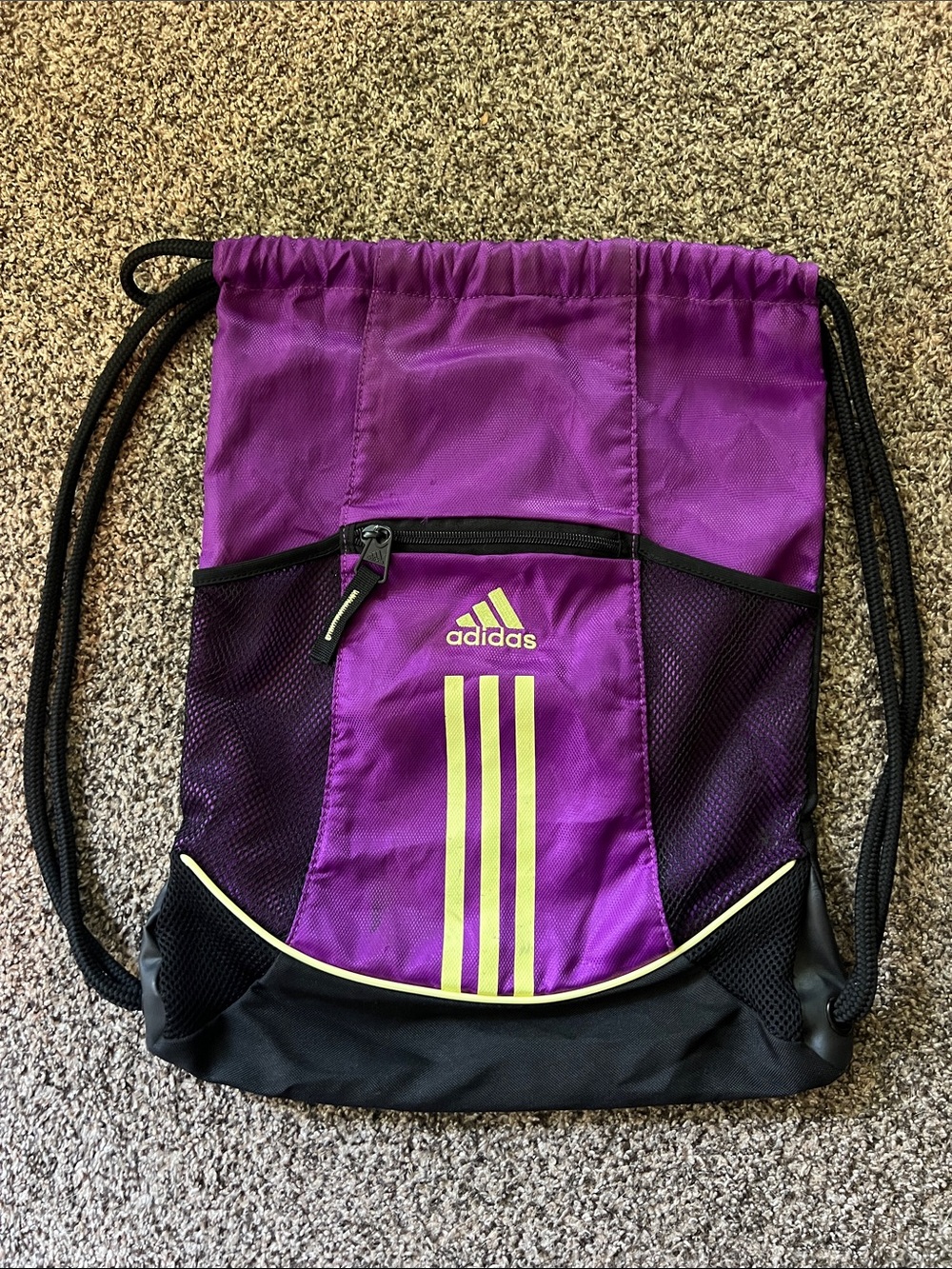 adidas Purple Drawstring Backpack with Lime Accent Stripes